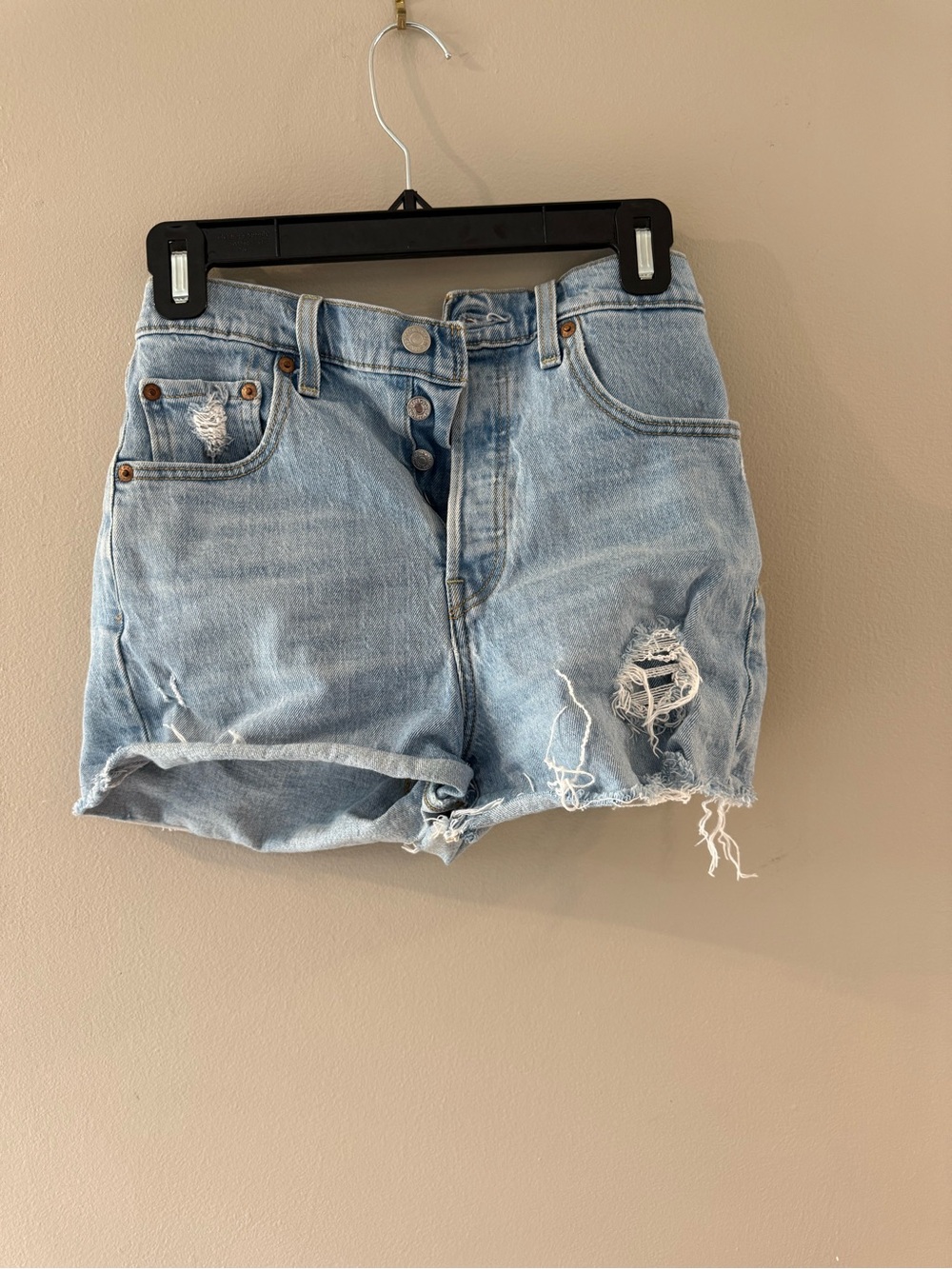 Levi's Light Blue Distressed High-Rise Denim Shorts